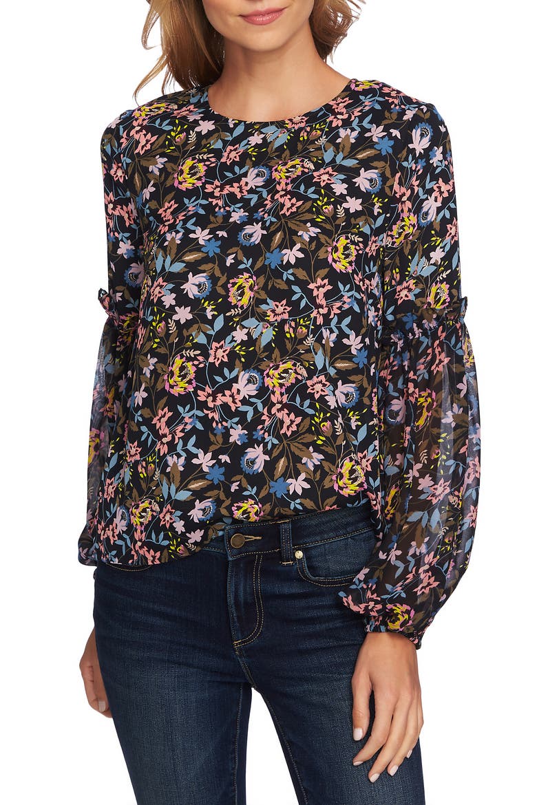 Demure Flora Ruffle Sleeve Top, Main, color, CAVIAR