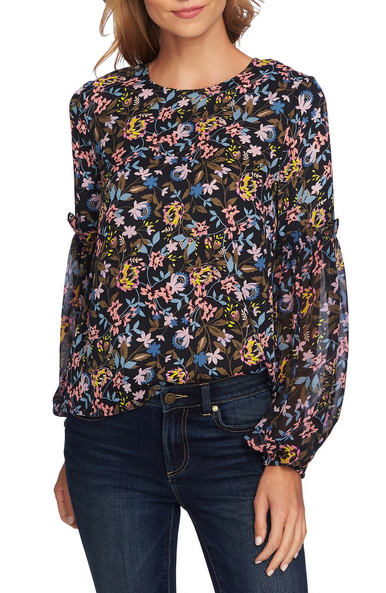 CeCe Demure Flora Ruffle Sleeve Top, Main, color,