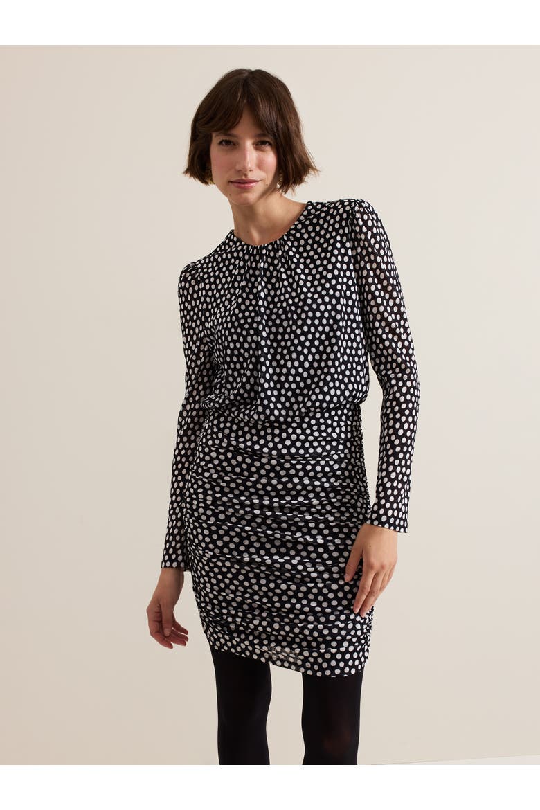 Teodroa Ruched Polka Dot Mini Dress, Main, color, Black