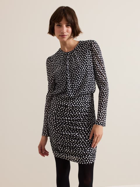 Teodroa Ruched Polka Dot Mini Dress