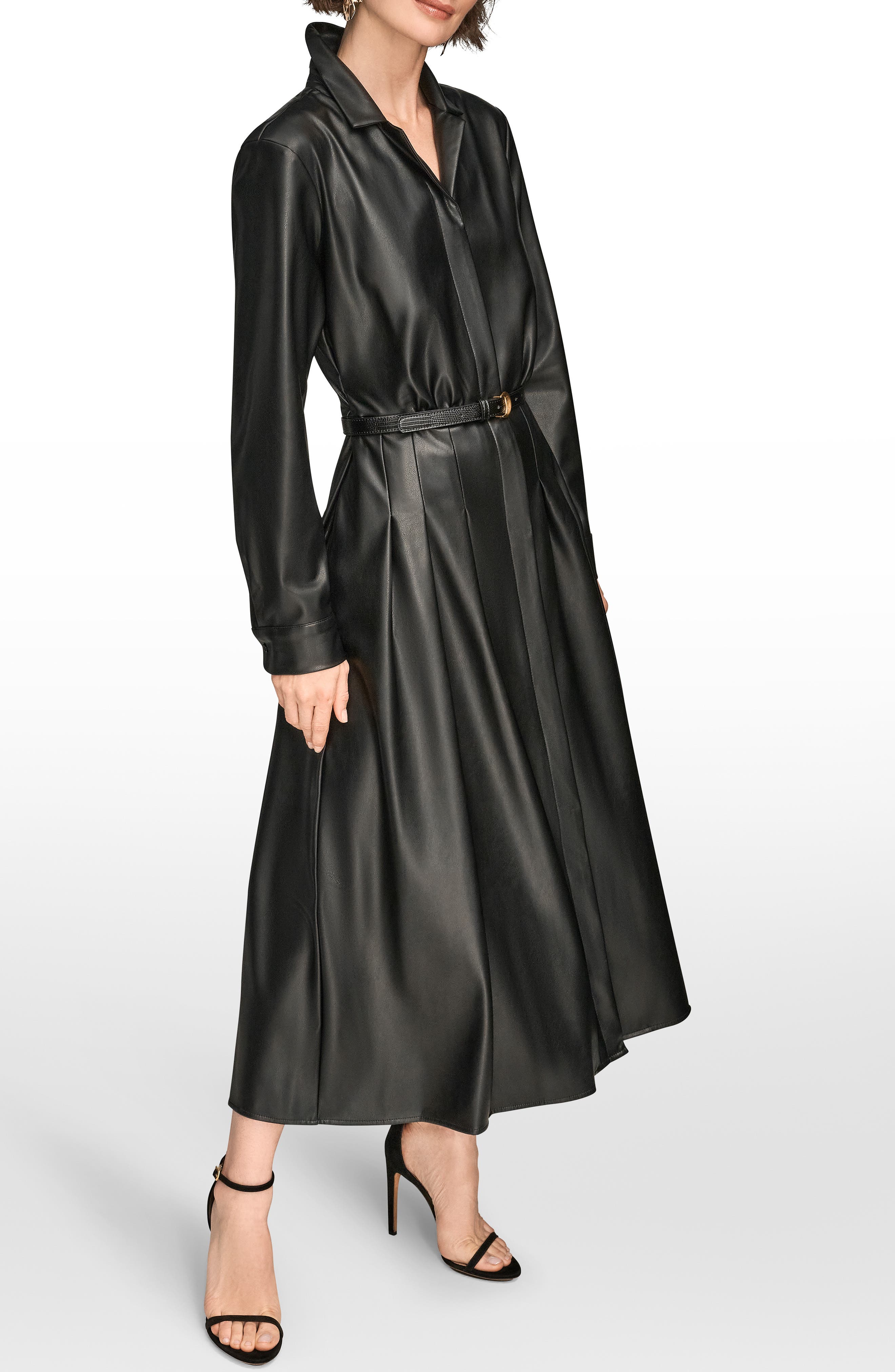 black long sleeve leather dress Faux Wrap Stile by Per Lei Gentle gathers at the shoulders and back add just the right flirty flair Donna Karan New York Long