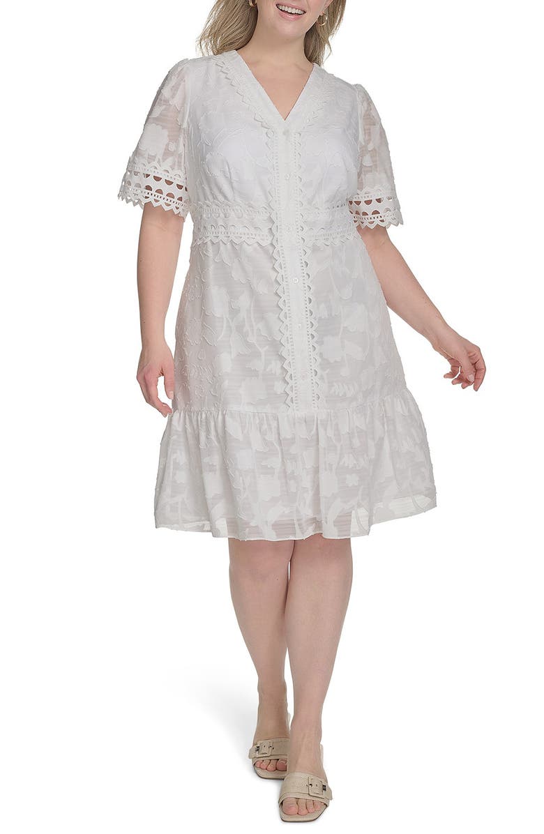 Eliza J Floral Print Fit & Flare Shirtdress, Main, color, Ivory