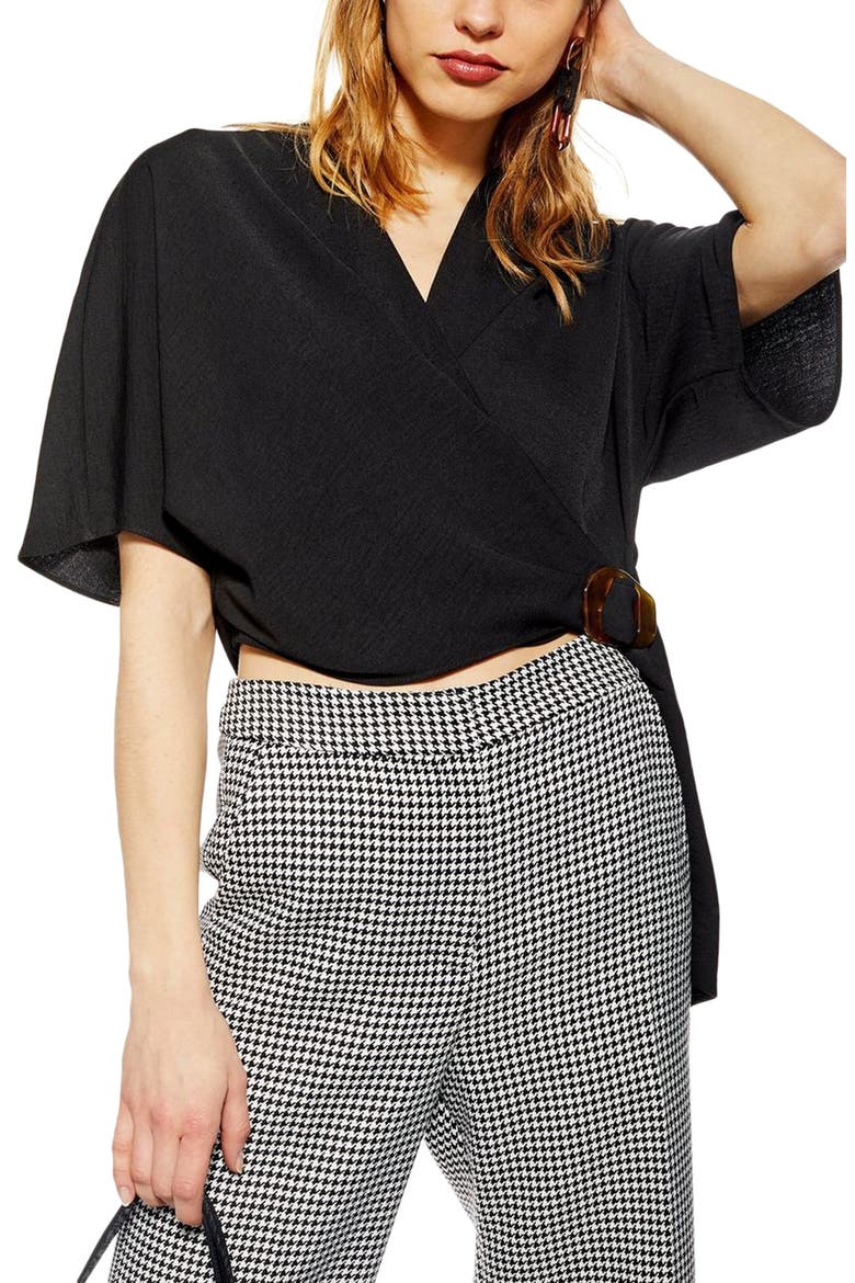Buckle Wrap Top, Main, color, BLACK