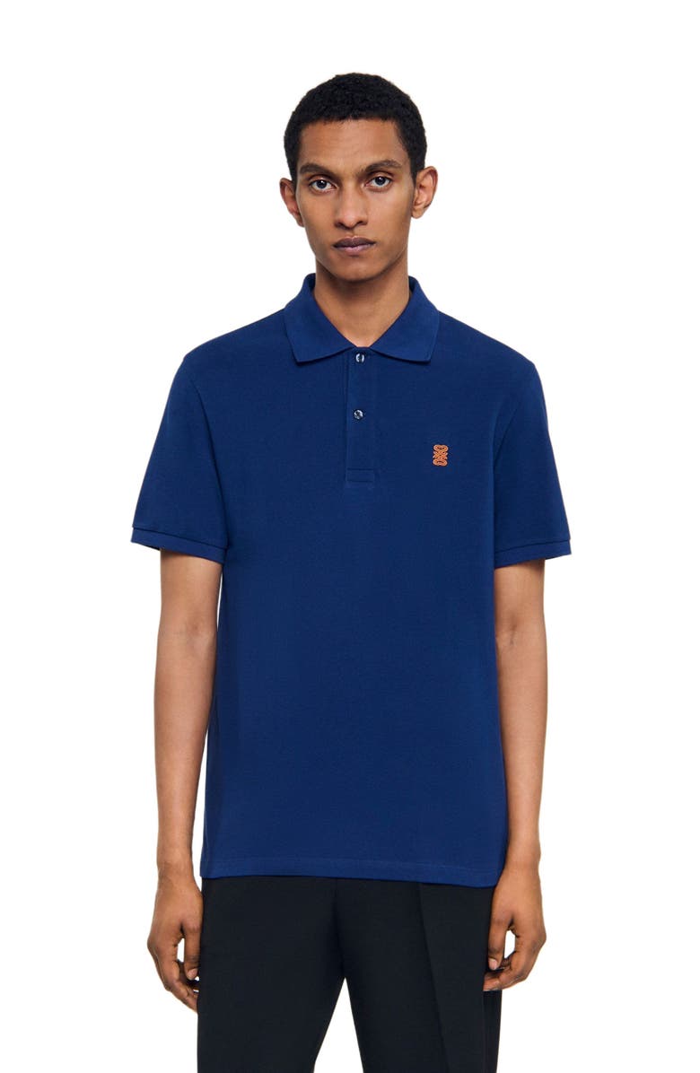 SANDRO Polo shirt with leather logo, Alternate, color, Navy Blue