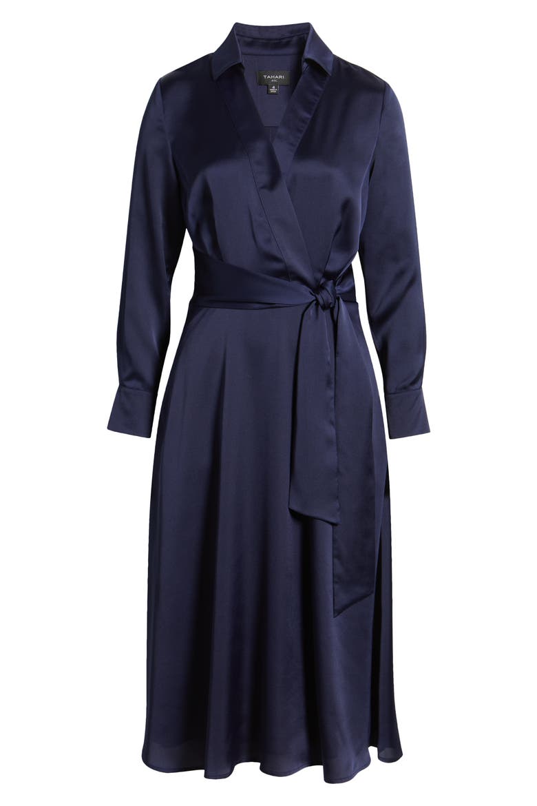 Long Sleeve Hammered Satin Wrap Front Shirtdress, Alternate, color, SPRING NAVY