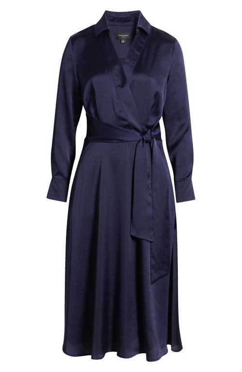 Tahari Asl Long Sleeve Hammered Satin Wrap Front Shirtdress In Spring Navy