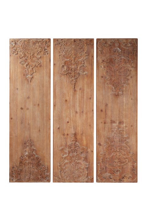 Large Hand-Carved Natural Wood Wall Panels w/ Carvings