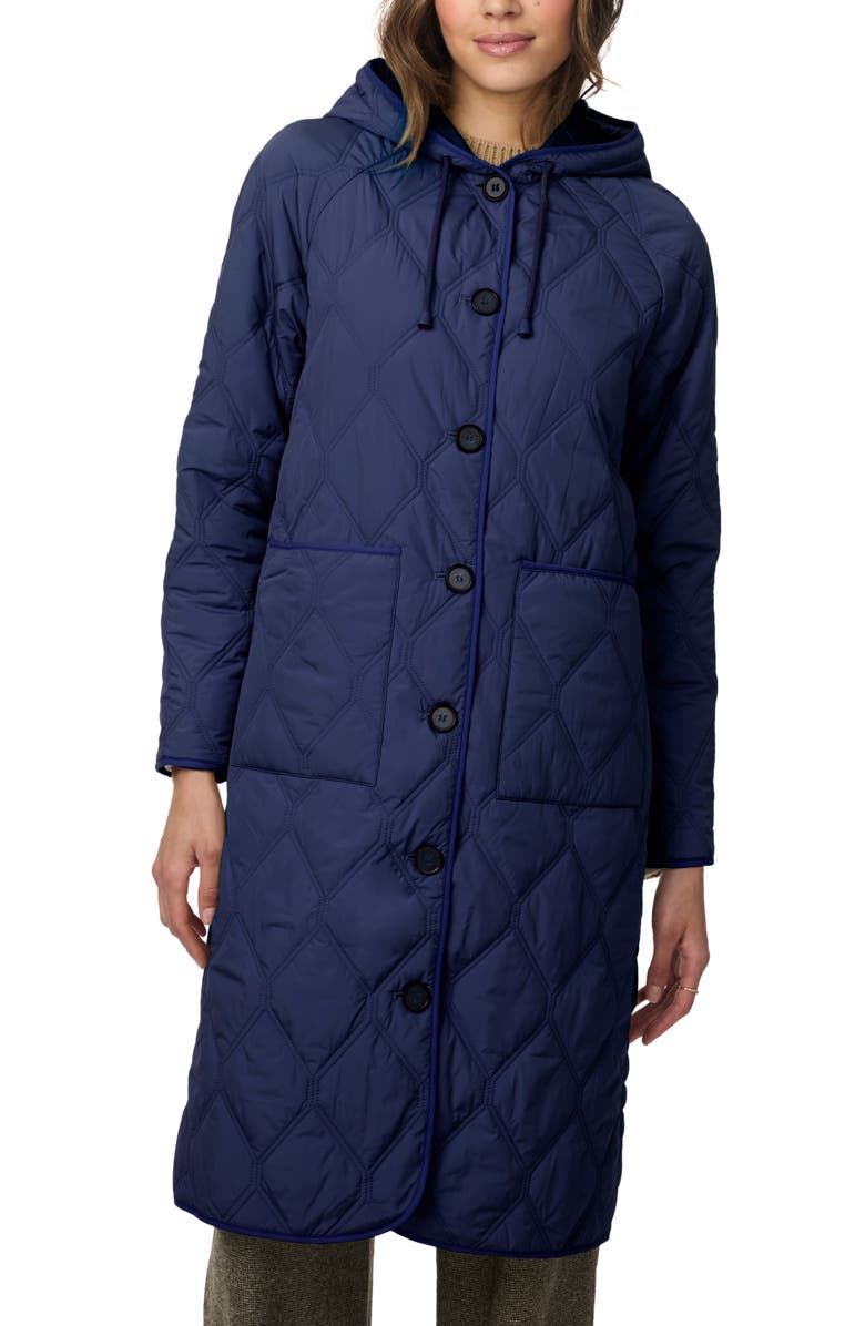 Bernardo Diamond Quilted Hooded Coat, Alternate, color, Navy