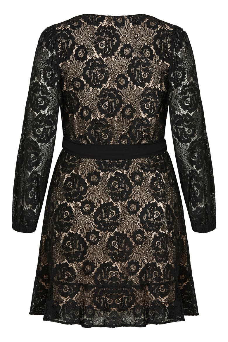 Fly Away Long Sleeve Lace Faux Wrap Dress, Alternate, color, BLACK/ BEIGE