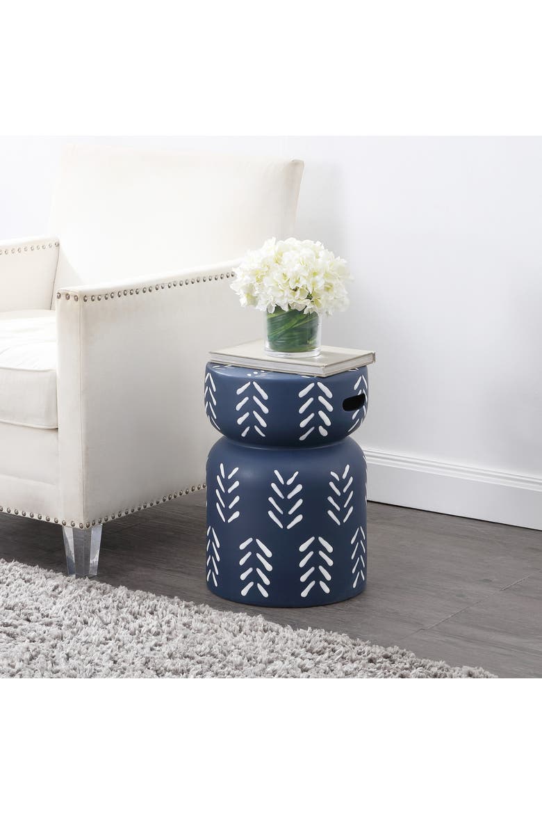 Kiri Bohemian Chevron Hourglass Ceramic Indoor/Outdoor Garden Stool with Handles, Weather-Resistant Accent Side Table, Alternate, color, Navy/White