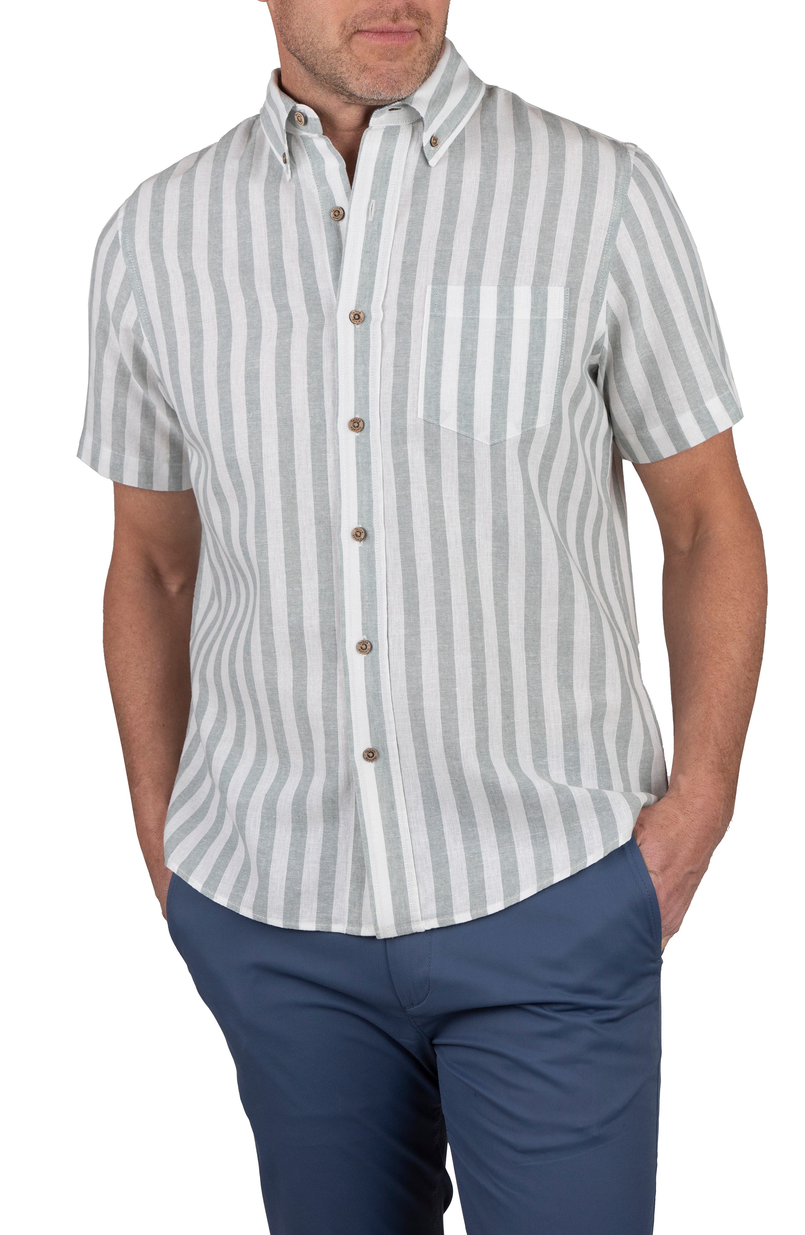 Tailor Vintage Stripe Short Sleeve Linen Button-Down Shirt