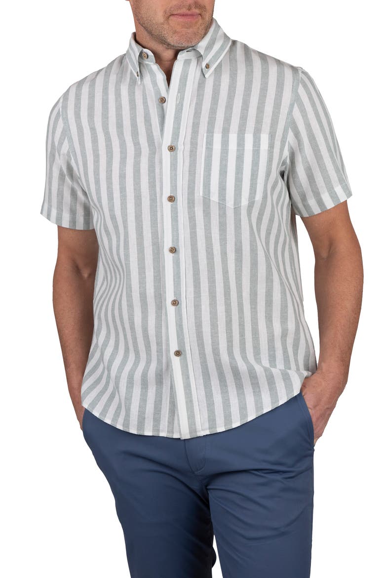 Stripe Short Sleeve Linen Button-Down Shirt, Main, color, CHINOIS GREEN BOLD STRIPE