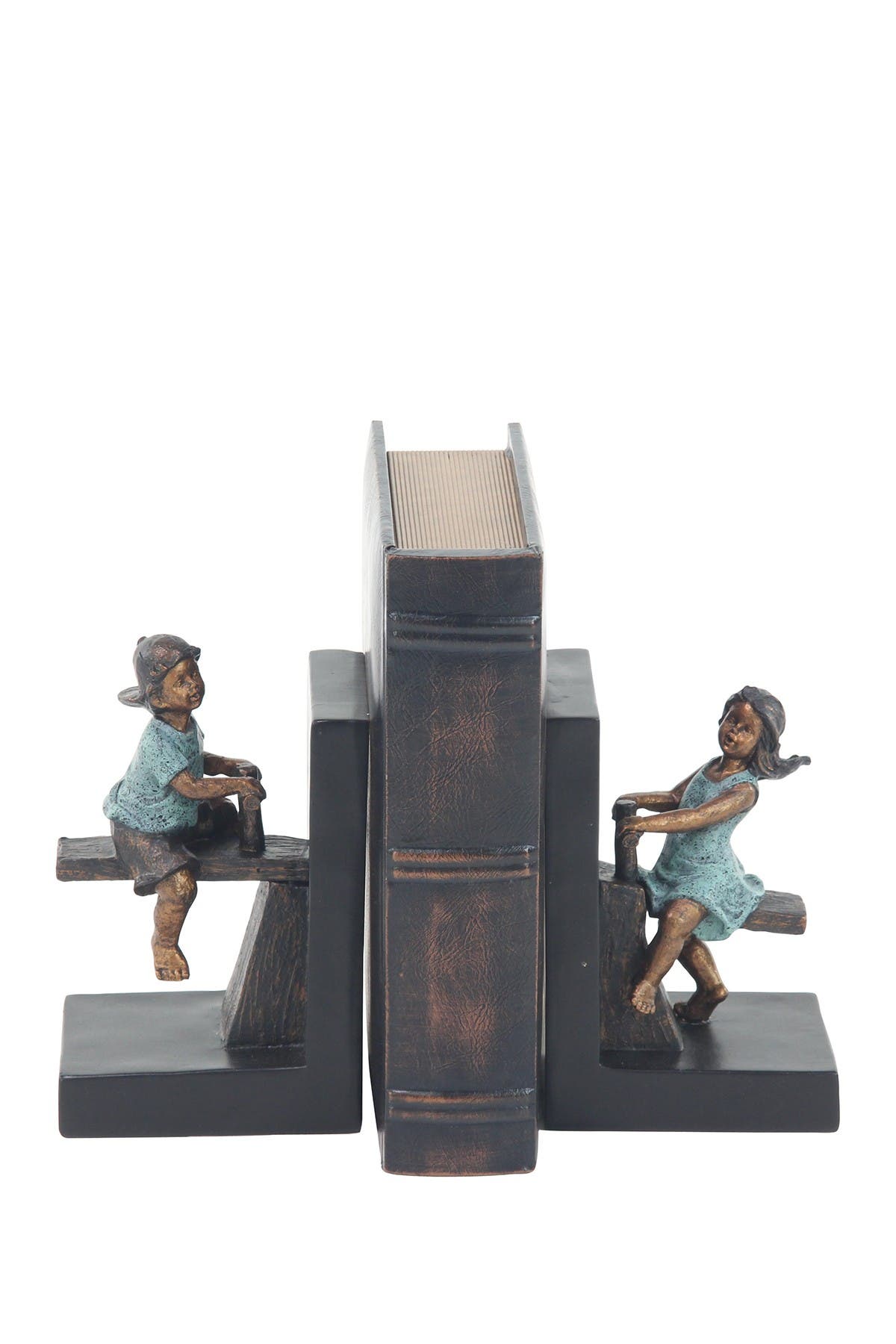 WILLOW ROW Brown Polystone People Bookends with Swing Set - Set of 2