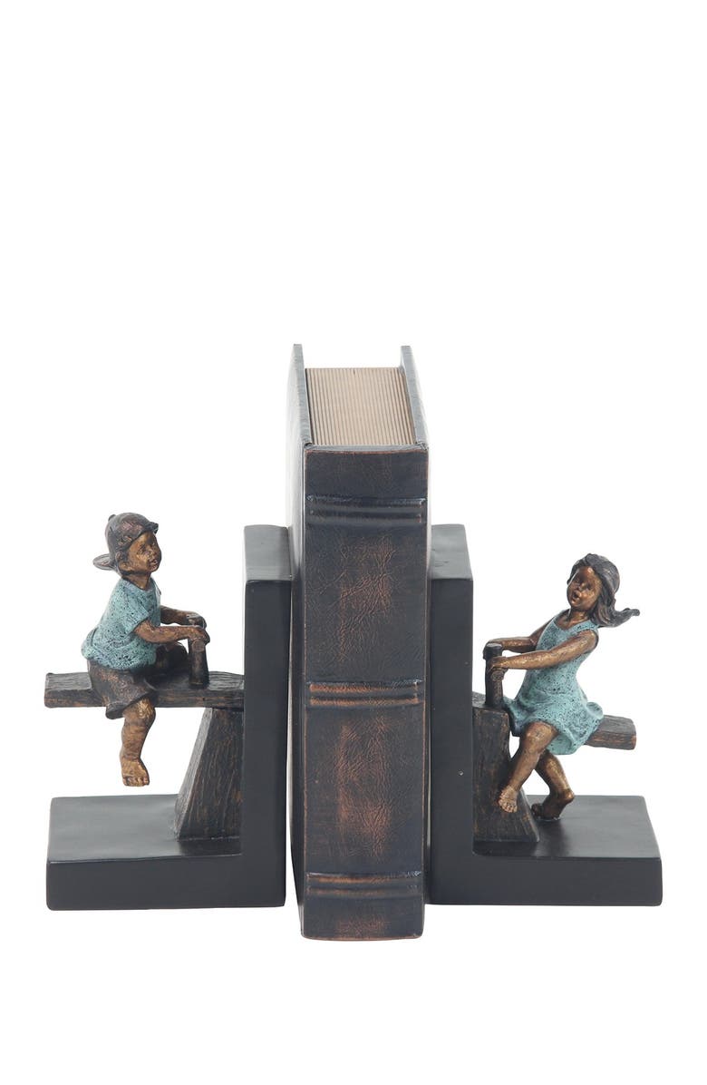 WILLOW ROW Brown Polystone People Bookends with Swing Set - Set of 2, Main, color,