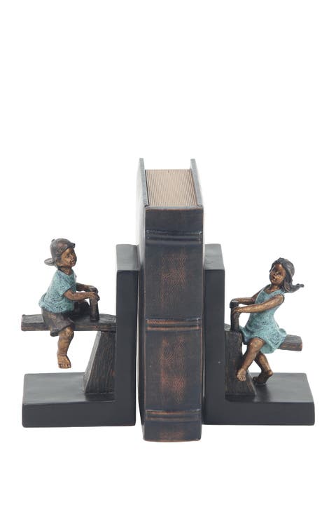 Brown Polystone People Bookends with Swing Set - Set of 2