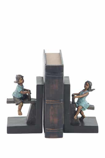WILLOW ROW Brown Polystone People Bookends with Swing Set - Set of 2
