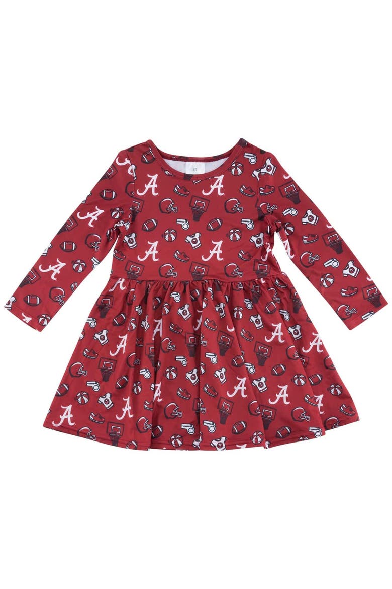Girls Toddler ZooZatz Crimson Alabama Crimson Tide Allover Print Long Sleeve Dress, Main, color, Crimson