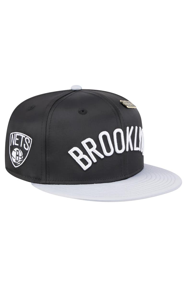 New Era Men's New Era Black/Gray Brooklyn Nets Throwback Satin Vintage Pin Two-Tone 59FIFTY Fitted Hat, Alternate, color, Black