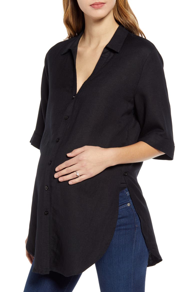 Tie Front Maternity Button-Up Shirt, Alternate, color, BLACK