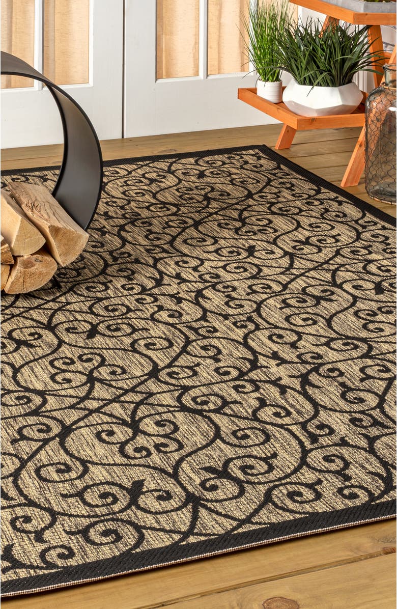 JONATHAN Y Madrid Vintage Filigree Textured Weave Indoor/Outdoor Area Rug, Alternate, color, Black/Khaki- Round