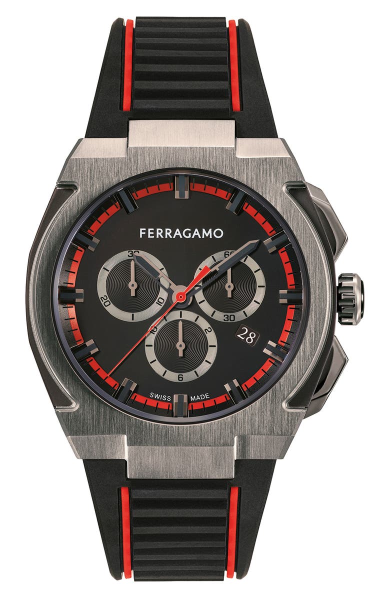 FERRAGAMO Supreme Chronograph Recycled Polyurethane Strap Watch, 43mm, Main, color, Ip Gunmetal