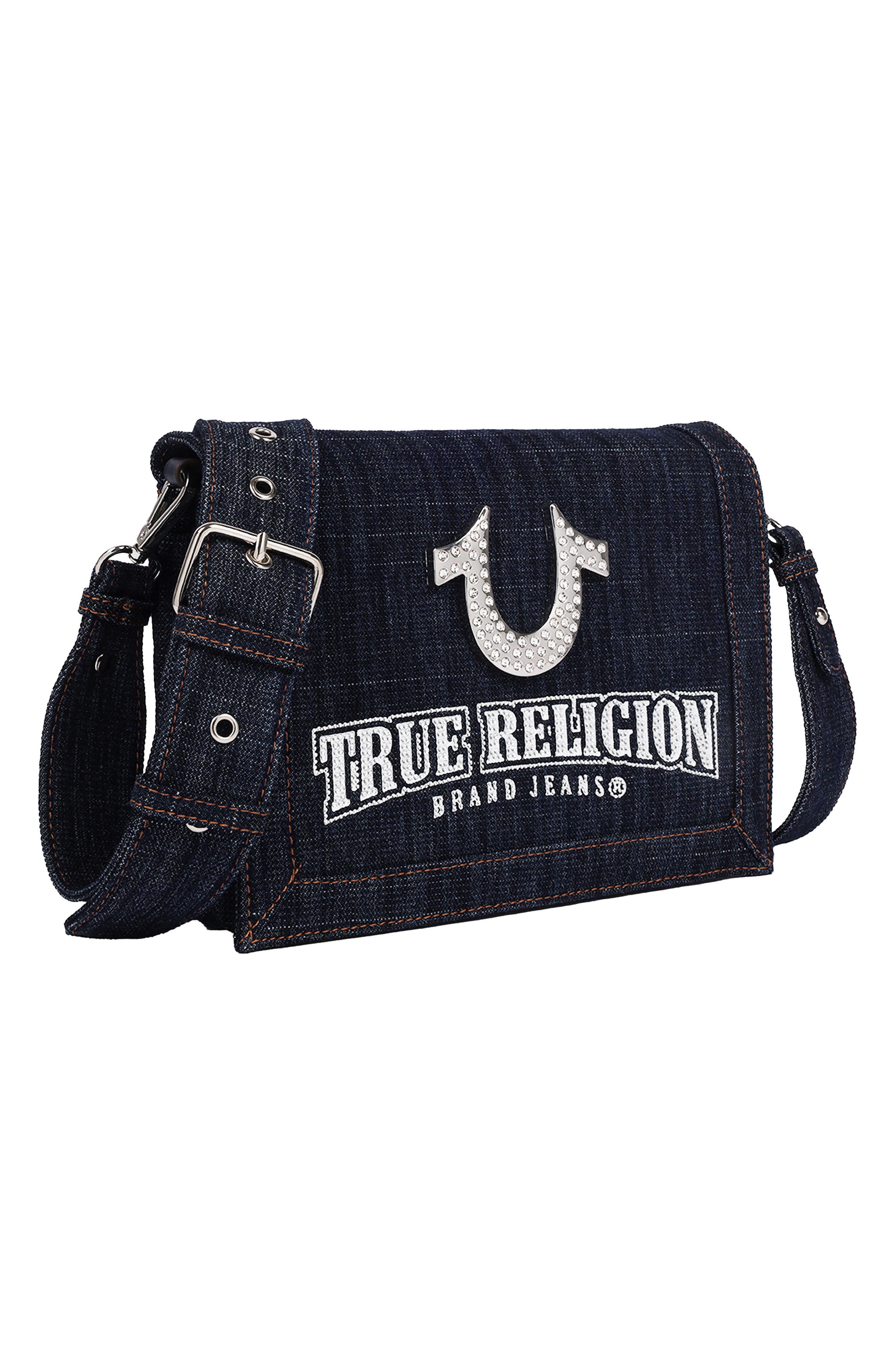Bling Horseshoe Denim Messenger Bag, Alternate, color, DARK DENIM