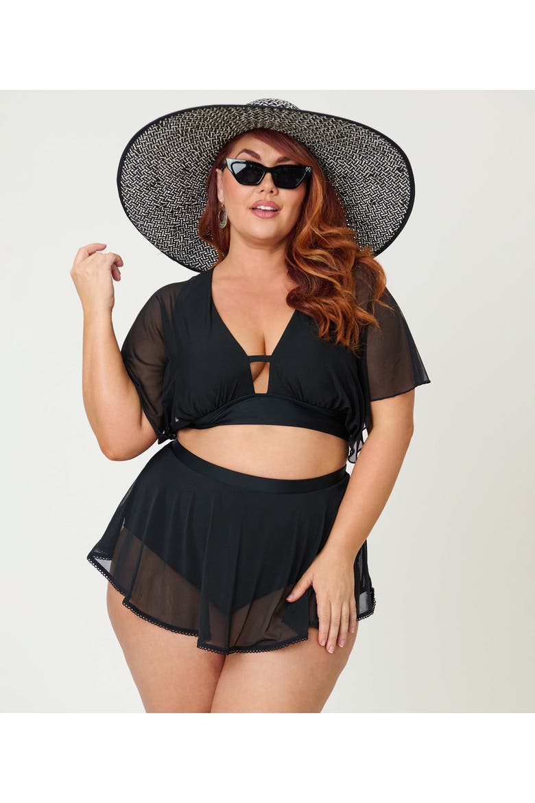 Plus Size Flutter Sleeve Swim Top, Alternate, color, Solid Black