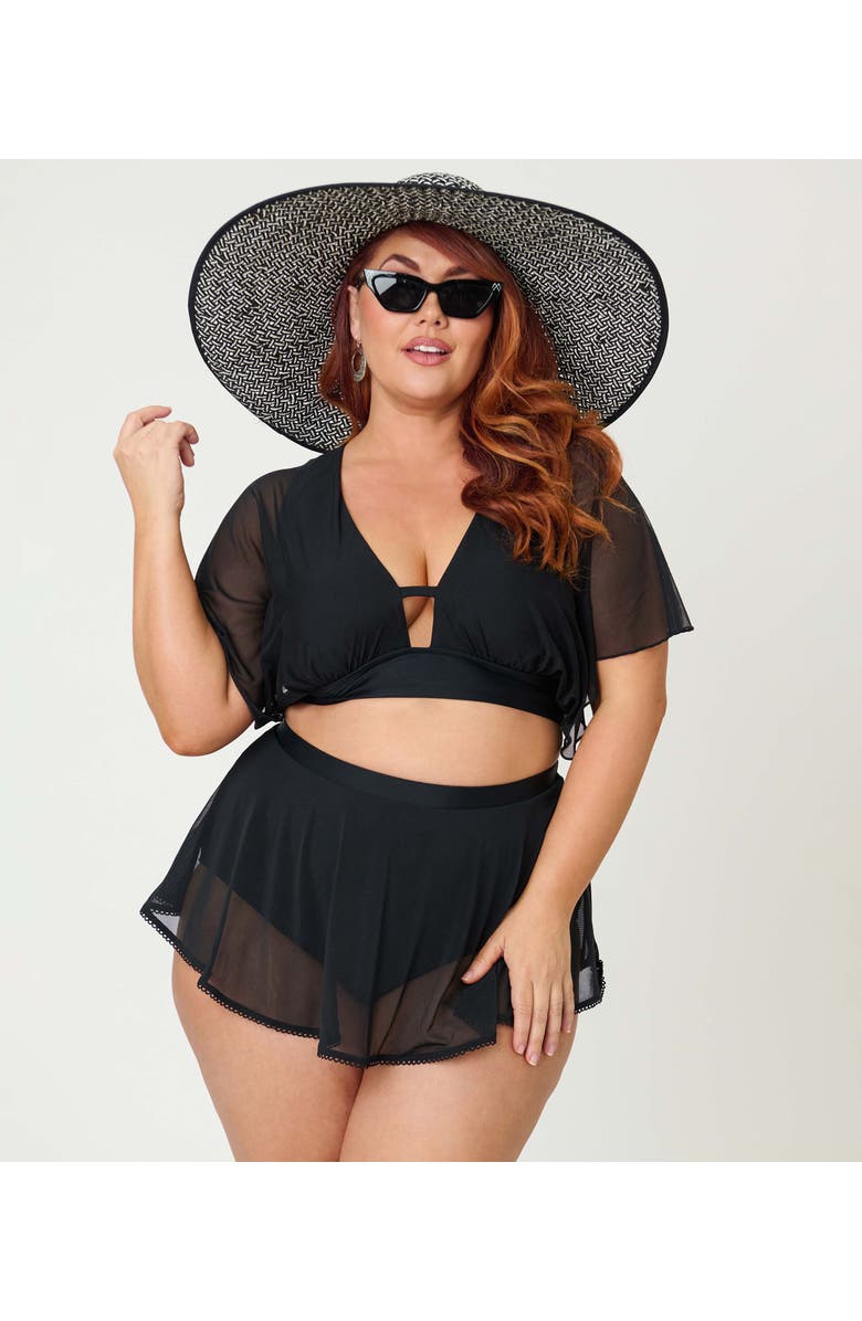 Unique Vintage Plus Size Flutter Sleeve Swim Top, Alternate, color, Solid Black