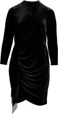 Tahari ASL Ruched Fringe Long Sleeve Stretch Velvet Dress