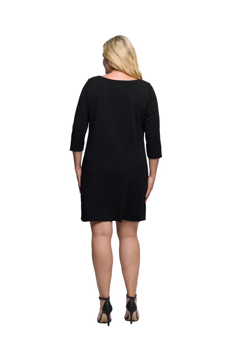 24seven Comfort Apparel Plus Size Three Quarter Sleeve A Line Knee Length Dress, Alternate, color, Black