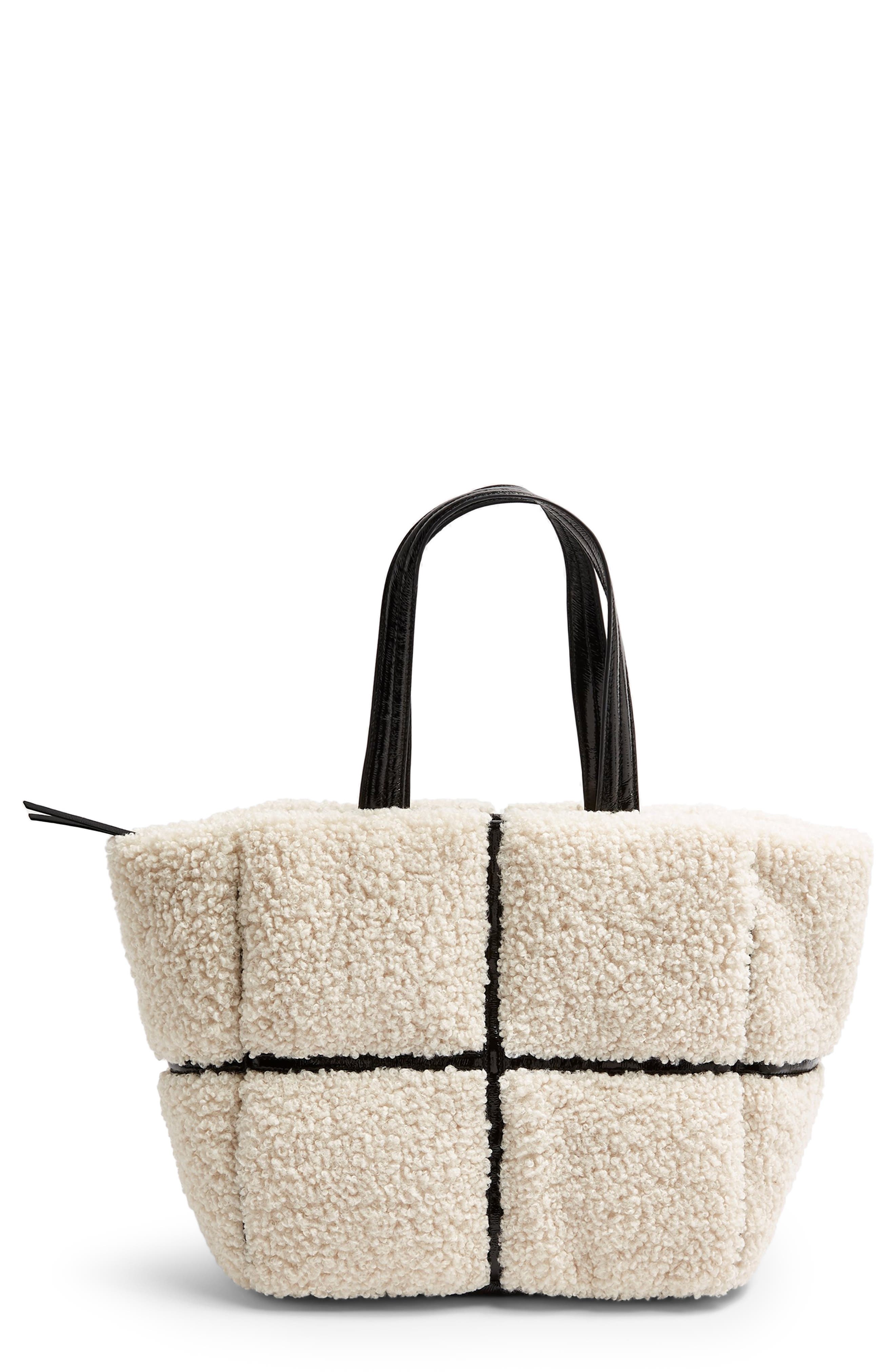 Topshop Faux Fur & Vinyl Tote Bag, Main, color, 
