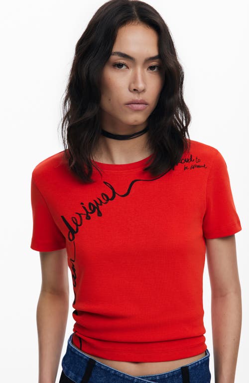 Desigual Embroidered Stretch Cotton T-shirt In Red