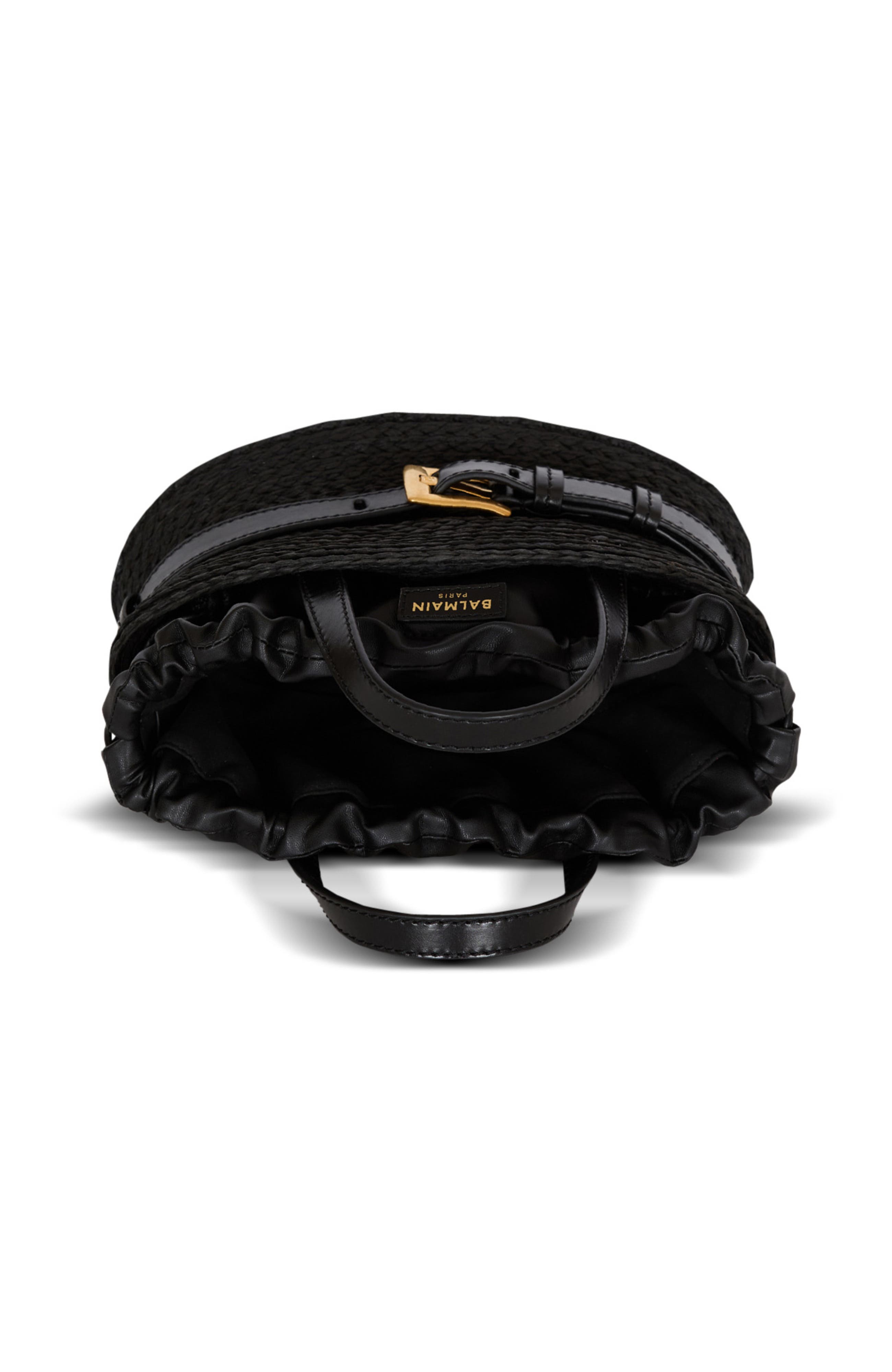 Balmain Shuffle Mini bag in calfskin and raffia, Alternate, color, Black