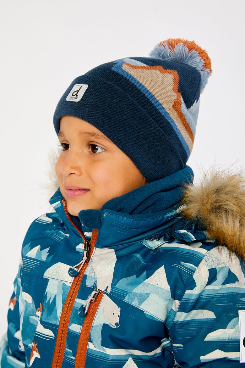 Winter Mountain Jacquard Rolled Cuff Knit Hat with Pompom, Alternate, color, Blue Jacquard Print