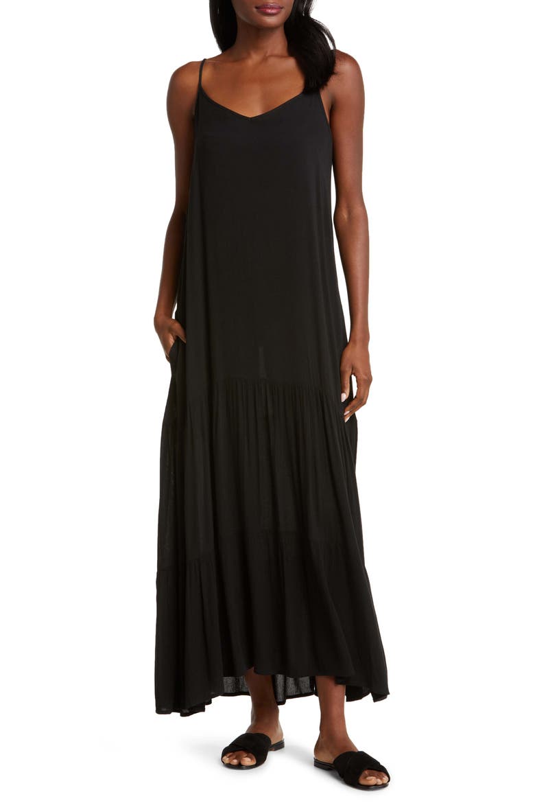Tiered Gauze Cover-Up Maxi Dress, Main, color, BLACK