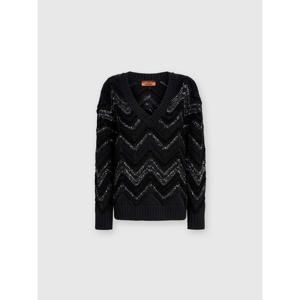 Shop Missoni Oversized Pullover With Zig Zag Pattern And Sequins In Black