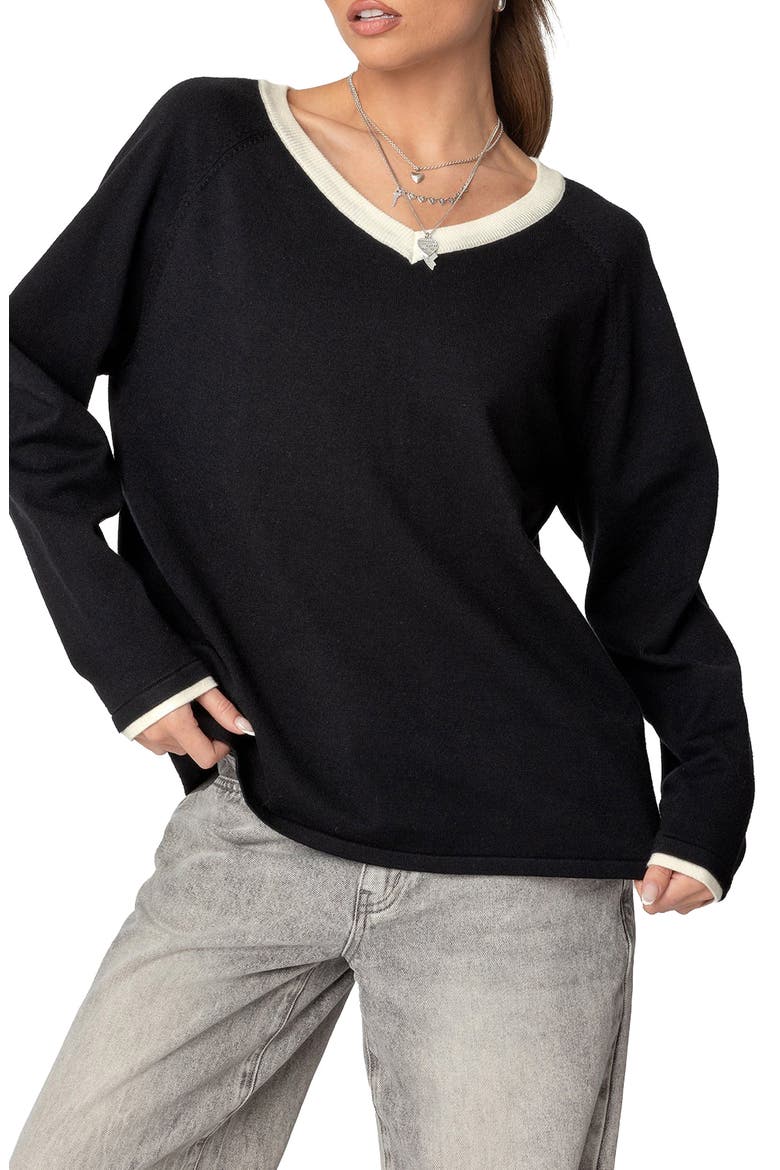 Contrast V-Neck Sweater, Main, color, BLACK