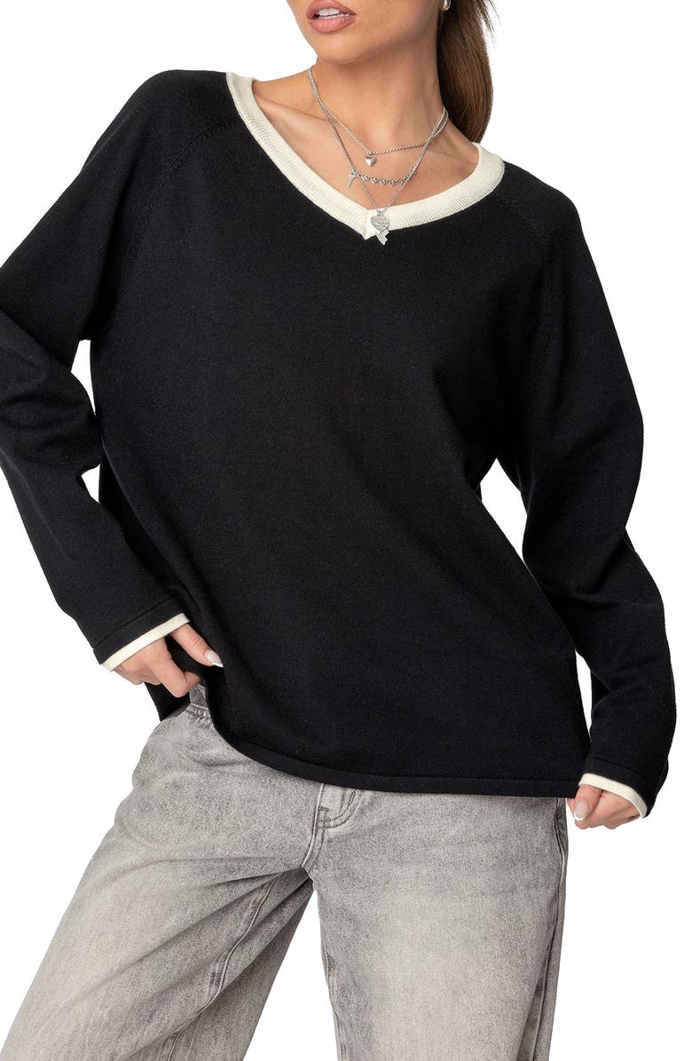 EDIKTED Contrast V-Neck Sweater, Main, color, Black