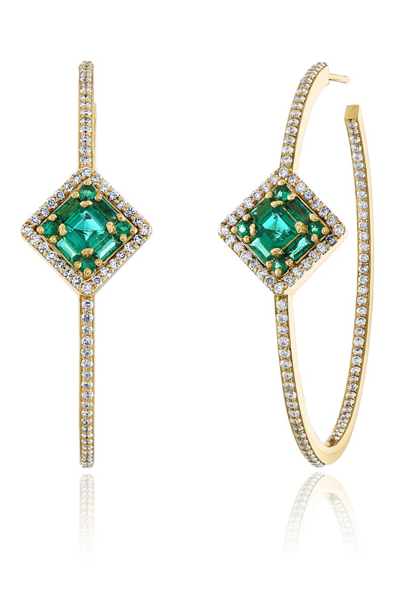Clarity Glam Asscher Emerald & Diamond Hoop Earrings, Main, color, D2.11 EM 18KYG