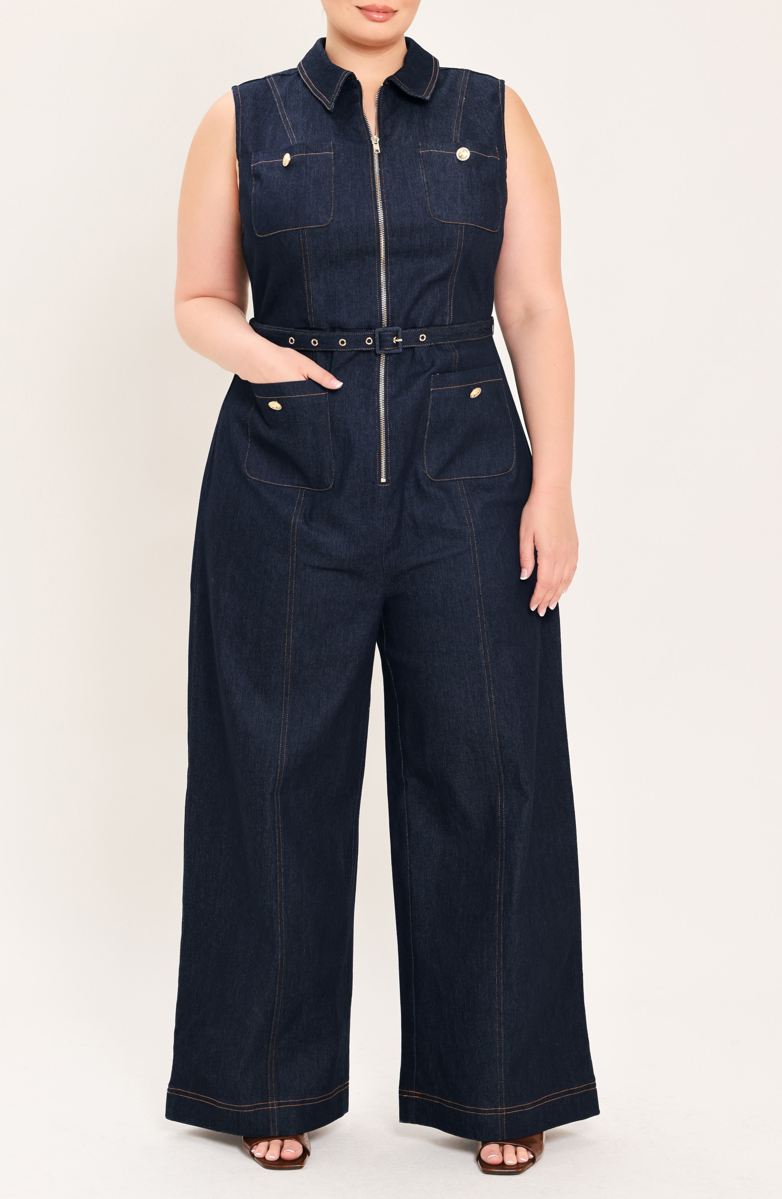 Zip Front Wide Leg Denim Jumpsuit