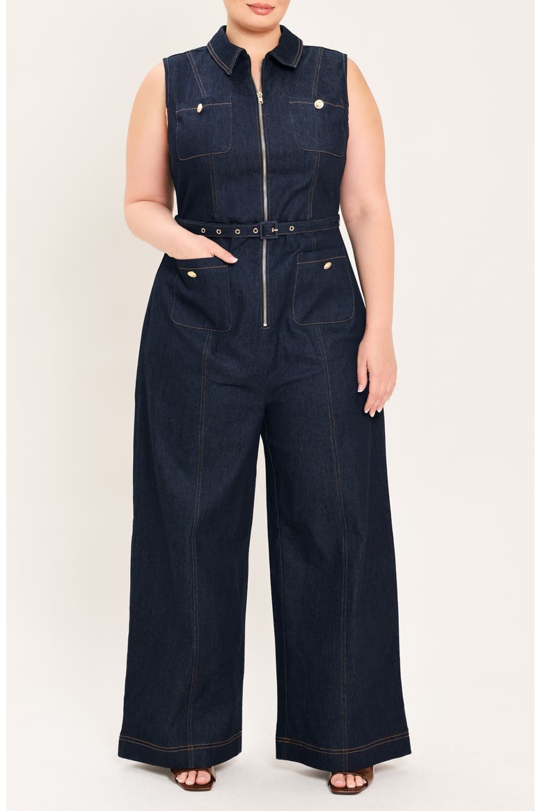 Zip Front Wide Leg Denim Jumpsuit, Main, color, DARK DENIM