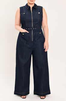 Zip Front Wide Leg Denim Jumpsuit