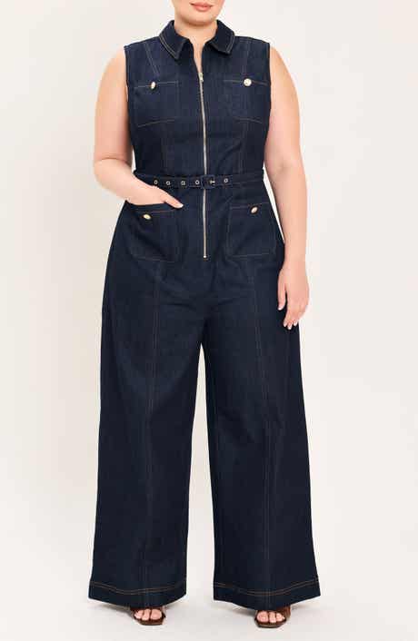Zip Front Wide Leg Denim Jumpsuit