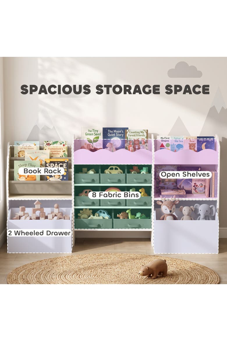 Kids Toy Storage Organizer, Kids Bookshelf with 8 Fabric Bins, 2 Rolling Drawers, Magazine Rack, Open Shelves, for Playroom, Kids Room, White, Alternate, color, White