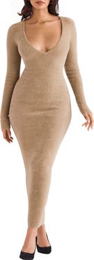 HOUSE OF CB Lucille Long Sleeve V-Neck Maxi Sweater Dress