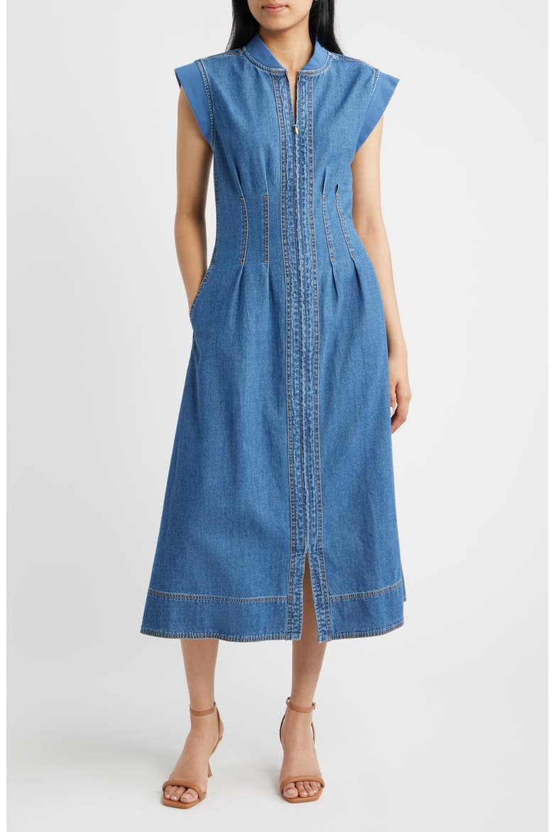 wit and wisdom denim dress Wit & Wisdom Pleated Denim Midi Dress in Mid Blue at Nordstrom, Size Small