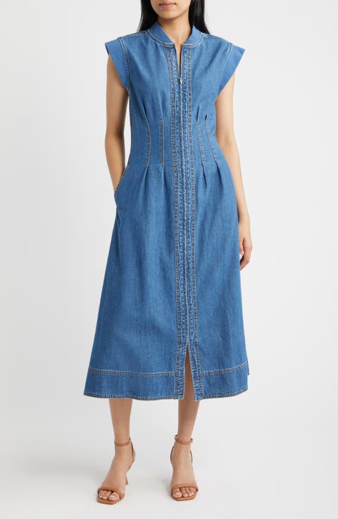 Pleated Denim Midi Dress