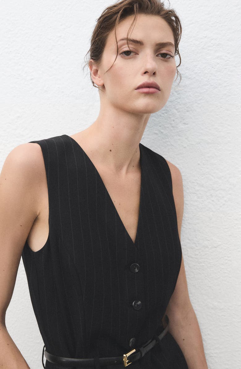 MANGO Pinstripe Sleeveless Belted Jumpsuit, Alternate, color, Dark Navy