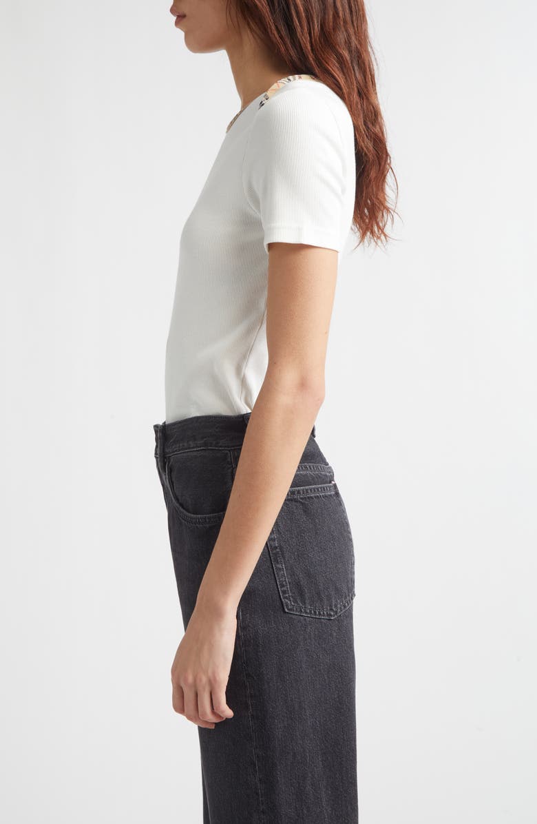 Burberry Stephanie Slim Fit Check Trim Stretch Cotton Rib T-Shirt, Alternate, color, Chalk