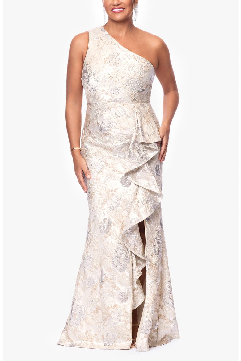 xscape women's one-shoulder flower side-slit dress XSCAPE Women's One-Shoulder Flower Side-Slit Dress